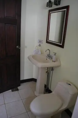 a bathroom with a toilet and a sink and a mirror at Dos Palmas Studio Apartments in Alajuela City