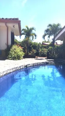 a large blue swimming pool with palm trees in the background at Dos Palmas Studio Apartments in Alajuela City