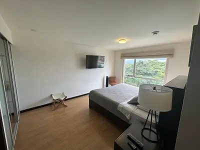 a bedroom with a bed and a large window at Charming Two Bedroom with balcony in San José