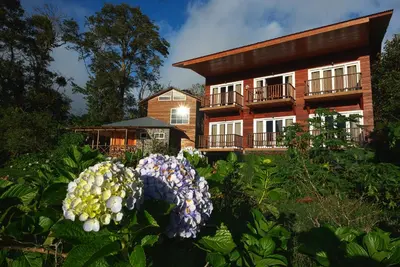 a house with a bunch of flowers in front of it at Hotel Bosque Verde Lodge in Monteverde Costa Rica