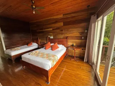 two beds in a room with wooden walls at Hotel Bosque Verde Lodge in Monteverde Costa Rica