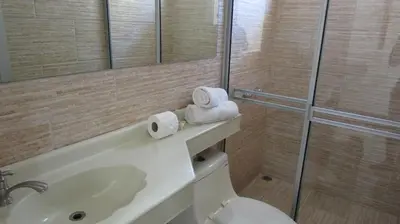 a bathroom with a sink and a toilet and a shower at Sueño Tranquilo in Quepos