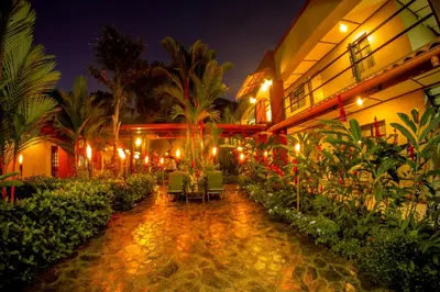 a courtyard of a building with palm trees and lights at Hotel Iguana Verde in Orotina