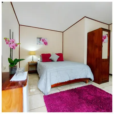 a bedroom with a large bed and a pink rug at Dreams Lodge in Monteverde Costa Rica