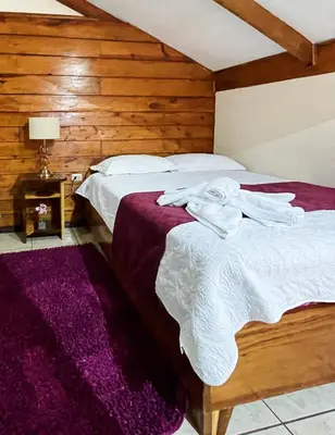a bedroom with two beds and a purple rug at Dreams Lodge in Monteverde Costa Rica