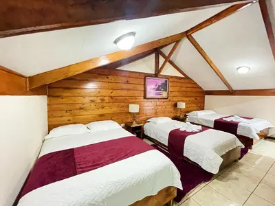 three beds in a room with wooden walls at Dreams Lodge in Monteverde Costa Rica