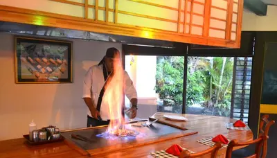 a man standing in front of a fire in a table at Hotel Columbus in San José