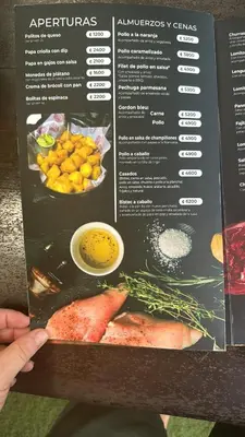 a person holding up a menu of food at Hotel Vale's in Chiles
