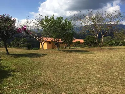 a field with trees and a house in the background at Cabinas Lindo Horizonte in San Pedro