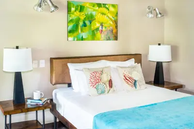 a bedroom with a bed with two lamps and two tables at Tico Tico Villas - Adult Only in Manuel Antonio