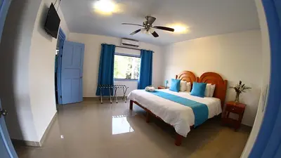 a bedroom with a bed and a ceiling fan at CLUB IBIZA - Party Hotel & Beach Club in Jacó