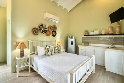 a bedroom with a white bed and a kitchen at Hotel Casa Leona in Tamarindo