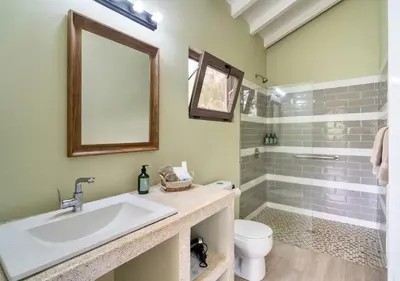 a bathroom with a sink and a toilet and a shower at Hotel Casa Leona in Tamarindo