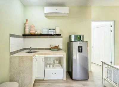 a kitchen with a refrigerator and a sink at Hotel Casa Leona in Tamarindo