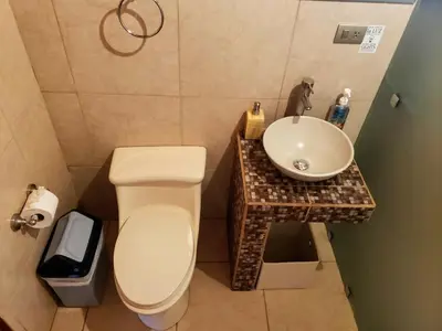 a bathroom with a white toilet and a sink at Casa Haydee Monteverde in Monteverde Costa Rica