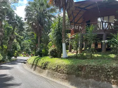 a house on a street next to a road at Hotel Pedacito de Cielo in Boca Tapada