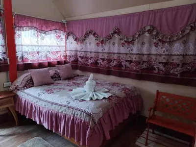 a bedroom with a large bed with pink curtains at Pensión y Cabinas Colibrí B&B Costa Rica in Monteverde Costa Rica