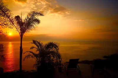 a sunset over the ocean with a palm tree and a chair at Montezuma Heights in Montezuma