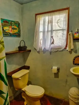 a bathroom with a toilet and a sink and a window at Montezuma Heights in Montezuma