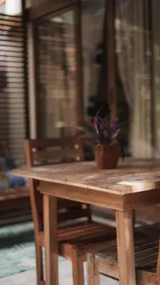 a wooden table with a potted plant on top of it at Griss Lodge & Spa in Santa Teresa Beach