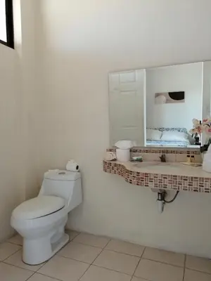 a bathroom with a toilet and a mirror at Cabinas Gosen in Puntarenas