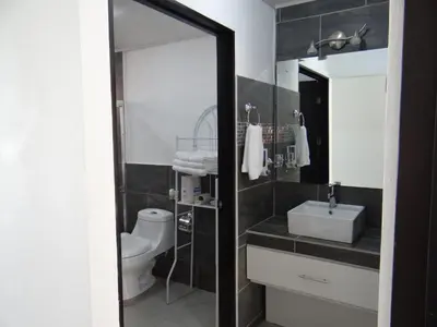 a bathroom with a toilet and a sink and a mirror at Maria´s Apartments in Alajuela City