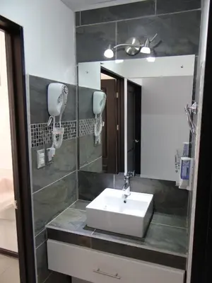 a bathroom with a sink and a mirror at Maria´s Apartments in Alajuela City
