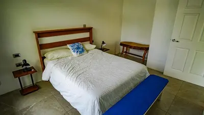 a bedroom with a white bed with a blue pillow on it at Agutipaca Bungalows in Bagaces