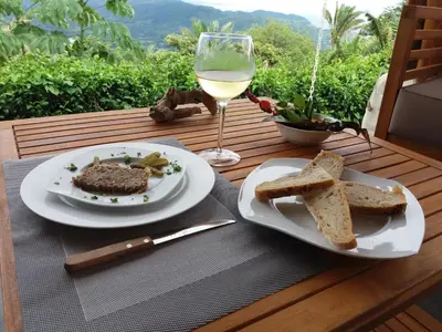 a table with a plate of food and a glass of wine at Hotel Peace & Lodge in Sámara