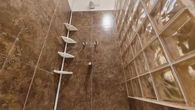 a bathroom with a shower with brown tiles at Tortuguero Adventures GuestHouse in Tortuguero