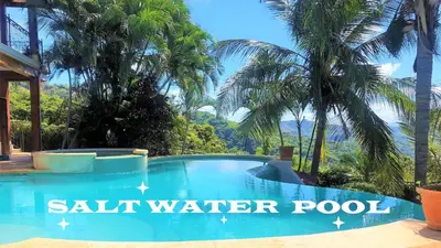 a swimming pool in a resort with palm trees at Playa Potrero, Oceanview Villa Oasis with salt-water pool for up to 8 people in Potrero