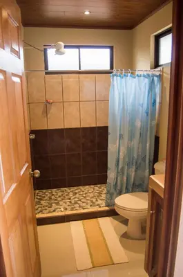a bathroom with a shower and a toilet at Cabañas San Isidro in Ángeles