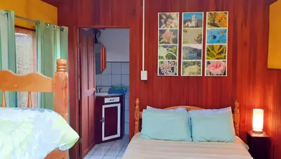 a bedroom with a bed and a bed sidx sidx sidx at Montaña Linda Guest House Orosi in Orosí