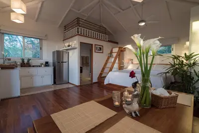 a kitchen and living room with a bed and a vase of flowers at Moana Surf Resort in Nosara