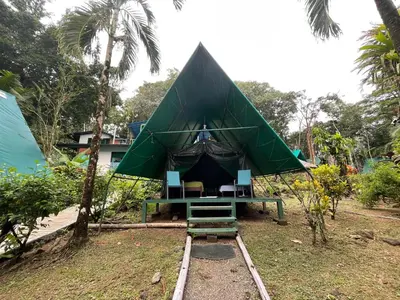 a tent with chairs and a table in a yard at Corcovado Adventures in Drake