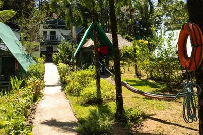 a swing set in a yard with a house in the background at Corcovado Adventures in Drake