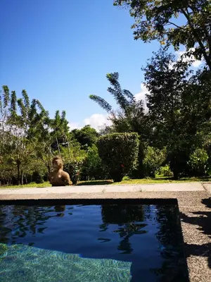 a pool of water with a statue in the background at Los Gallitos Eco Lodge in San Miguel