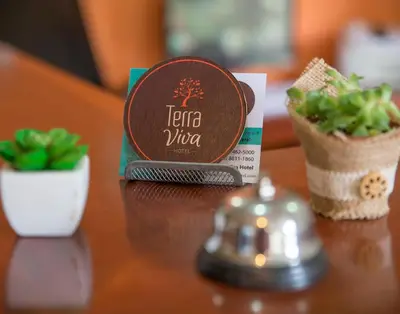 a table with a tea virus packet and potted plants at Hotel Terra Viva in Quesada
