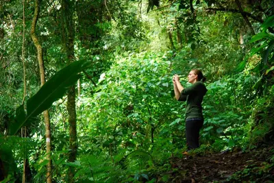 a woman standing in a lush green forest taking a picture at Volare in Turrialba