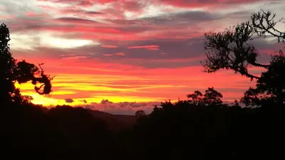 a sunset in the sky with trees in the foreground at Iyok Ami (Madre Tierra) in Cartago