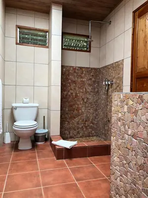 a bathroom with a toilet and a shower with a stone wall at Casa Cañitas in Monteverde Costa Rica