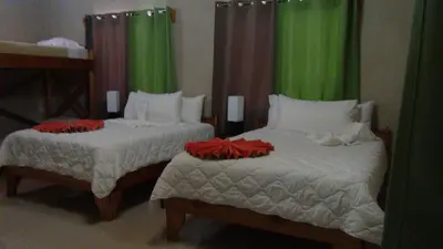 two beds in a room with green curtains at Mountain Faro Hotel in Monteverde Costa Rica