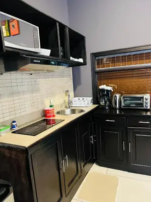 a kitchen with black cabinets and a sink and a microwave at Don Jarvey I Bed & Breakfast in Monteverde Costa Rica