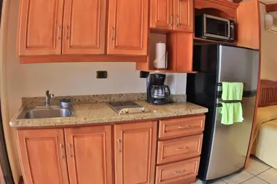 a kitchen with a sink and a refrigerator at Oceanview Studio Apartment with Community Pool & Views of Flamingo Marina in Playa Flamingo