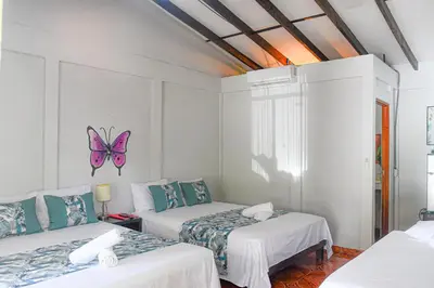 two beds in a room with a butterfly on the wall at Cabinas Bahía Uvita - Marino Ballena National Park Lodge in Uvita