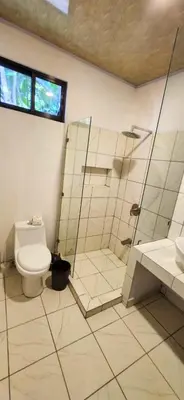 a bathroom with a shower and a toilet and a sink at Sunshine Sanctuary Boutique Jungle Lodge in Montezuma