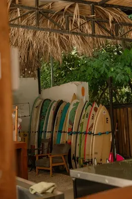 a bunch of surfboards are lined up in a room at ESO Santa Teresa in Santa Teresa Beach