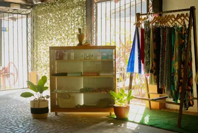 a display cabinet in a room with plants and clothes at Hotel Hacienda del Mar in Carrillo