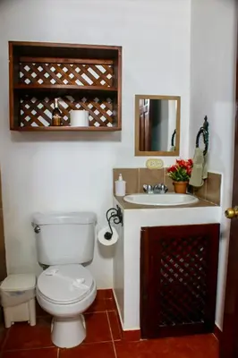 a bathroom with a toilet and a sink and a mirror at Hotel Hacienda del Mar in Carrillo