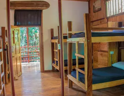 a room with three bunk beds and a doorway at Burnt Toast Surfcamp in Nosara